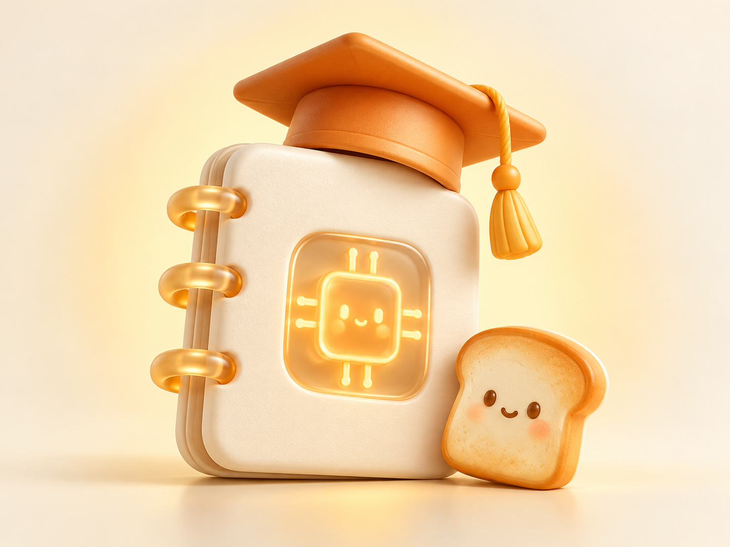 学士帽与 AI 笔记本的面包暖色插画
